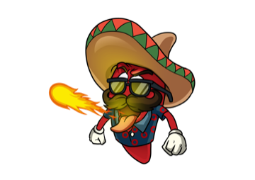 Fuego Fam chili-pepper mascot breathing fire